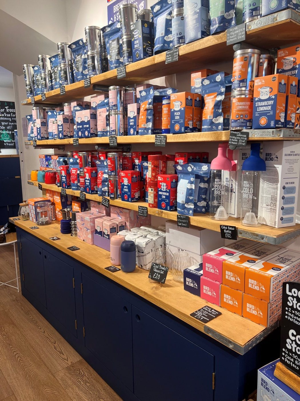 Shelves of tea and tea ware inside the Brighton store