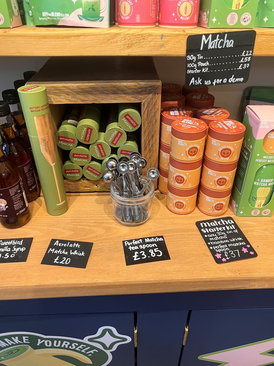 Matcha display and tea tins in the store