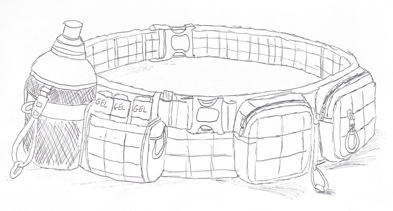 Sketch of concept 1: a belt with military-style clips, gel pockets and one bottle