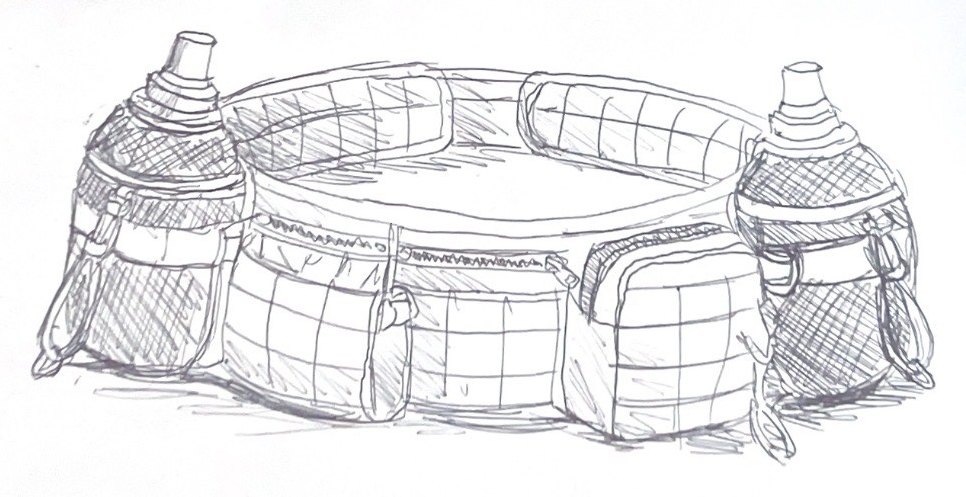 Sketch of concept 2: a belt with two bottles, a Velcro strap and mixed pouches