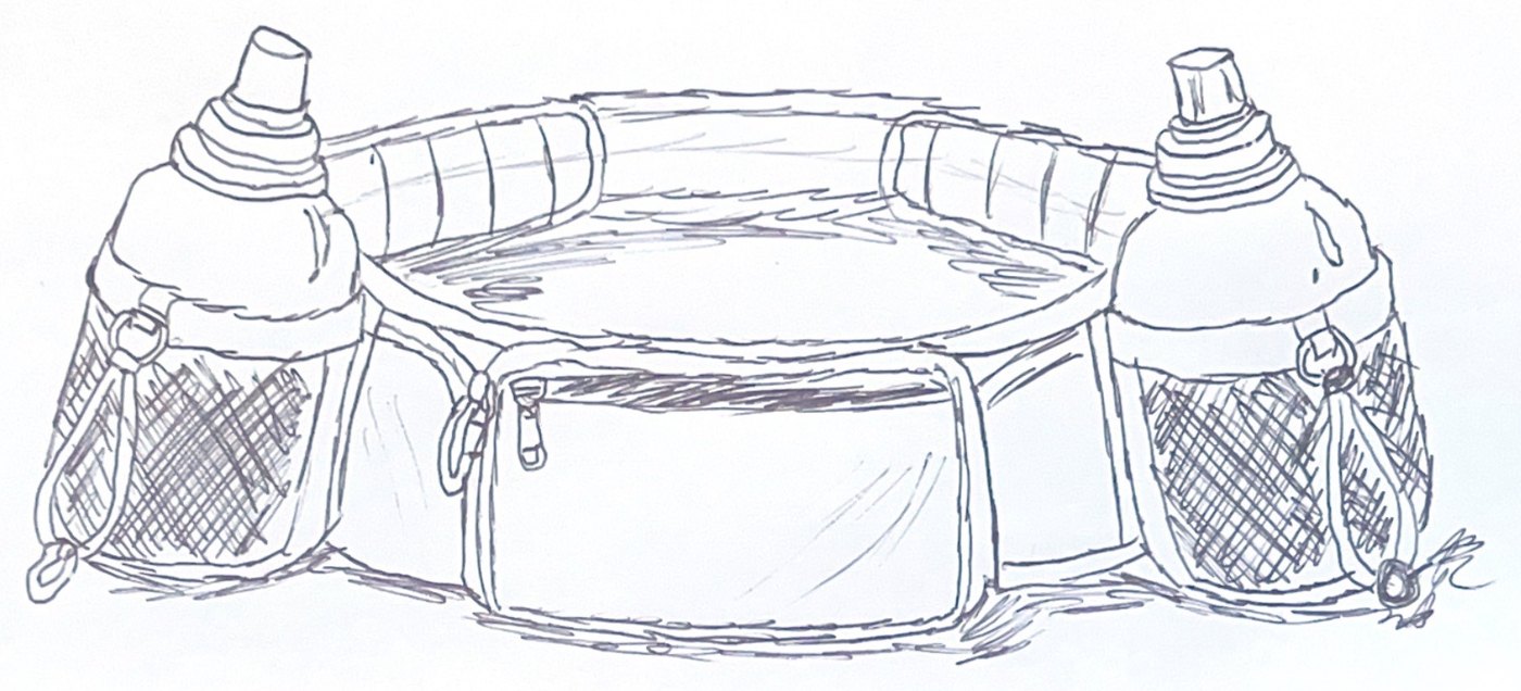 Sketch of concept 3: a slimmer belt with two bottles and one large front pocket