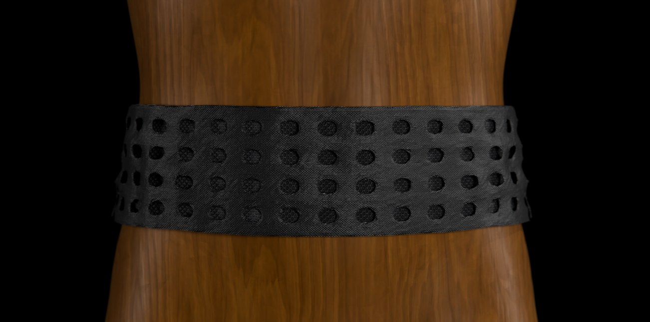 Render of concept 4: a perforated black belt on a wooden mannequin