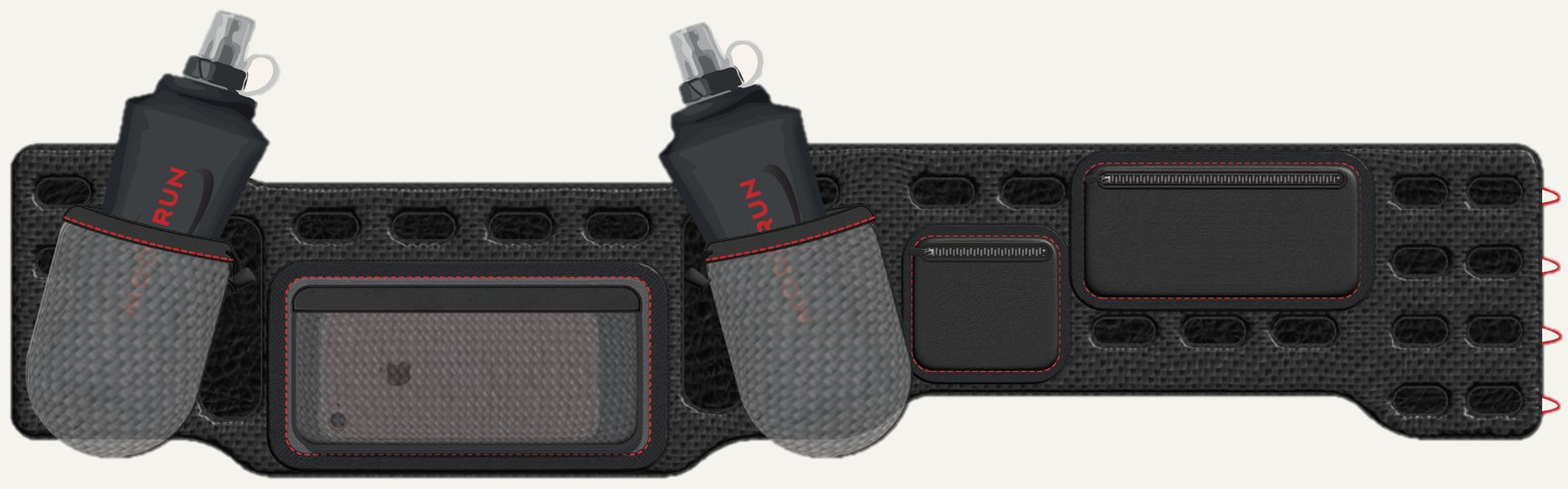 Flat illustration of the ModuRun belt with two soft flasks, a phone pocket and two zipped pouches