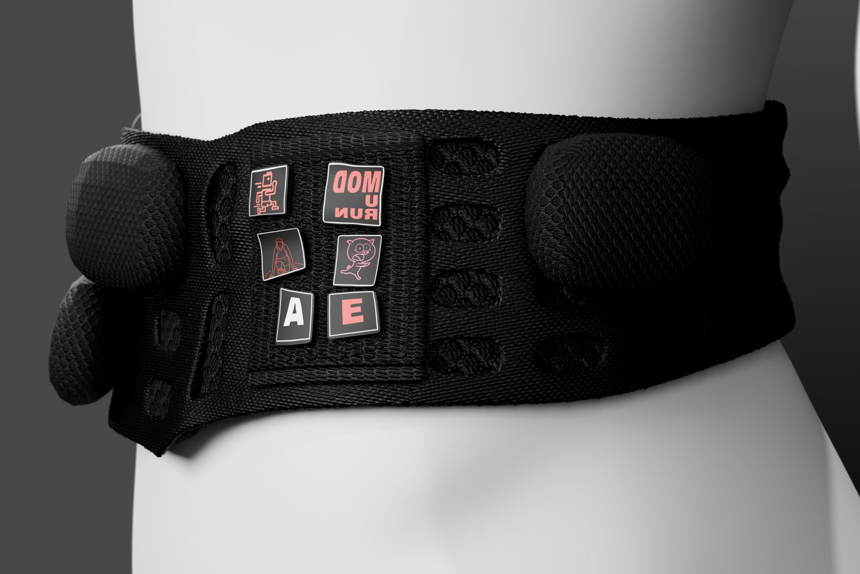 ModuRun belt worn on a mannequin with personalised patches