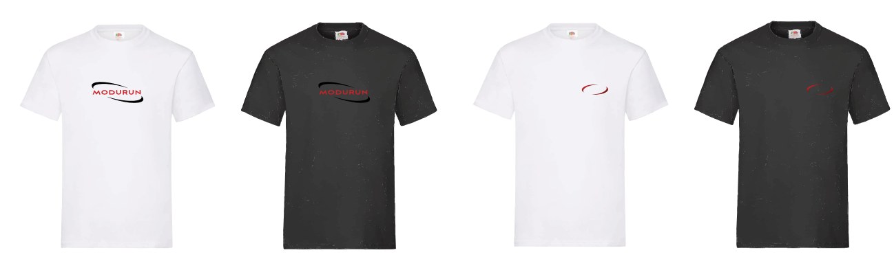 ModuRun T-shirts in white and black, with the full logo and with the ring alone