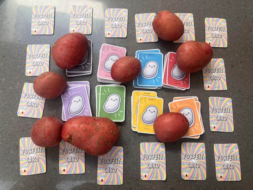 Real potatoes placed on the card layout