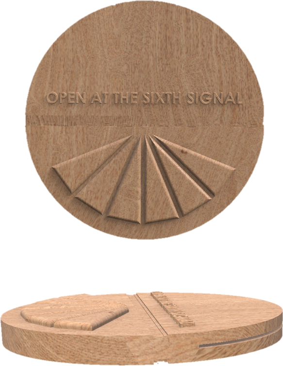Wooden nuclear biscuit render, face reading Open at the sixth signal, and side view showing the snap line