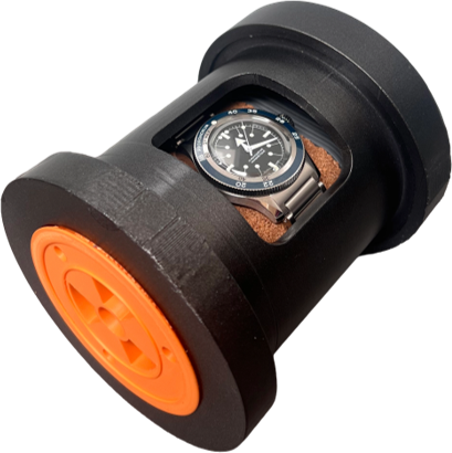 Printed capsule angled to show the orange nuclear end cap