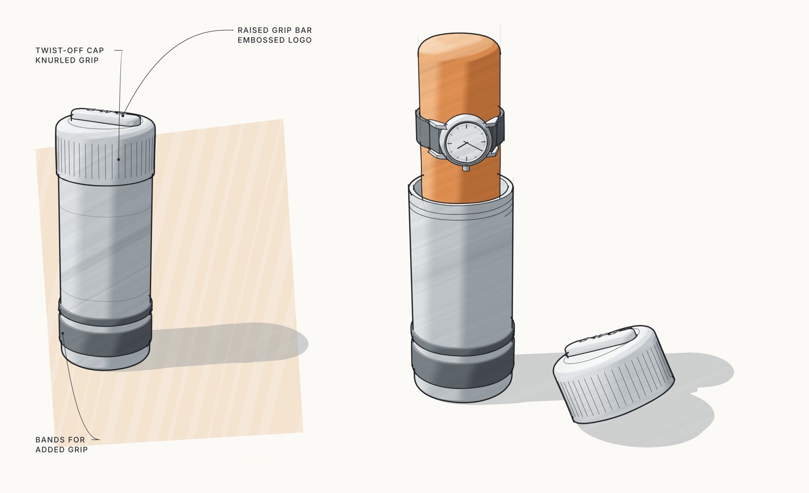 Sketch of the cylindrical capsule with twist-off cap and watch cushion