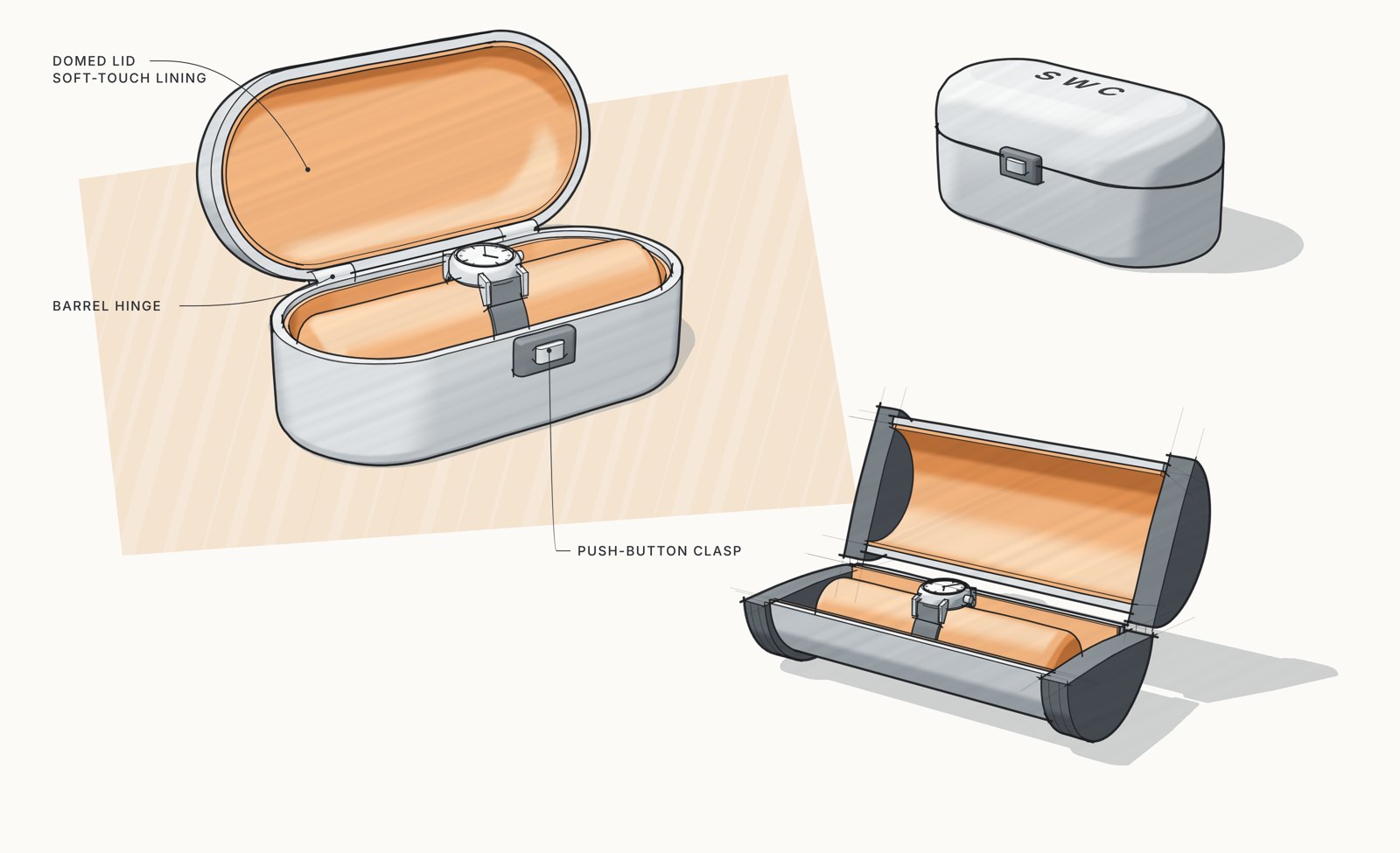 Sketches of an oval box with a barrel hinge and a barrel-shaped case