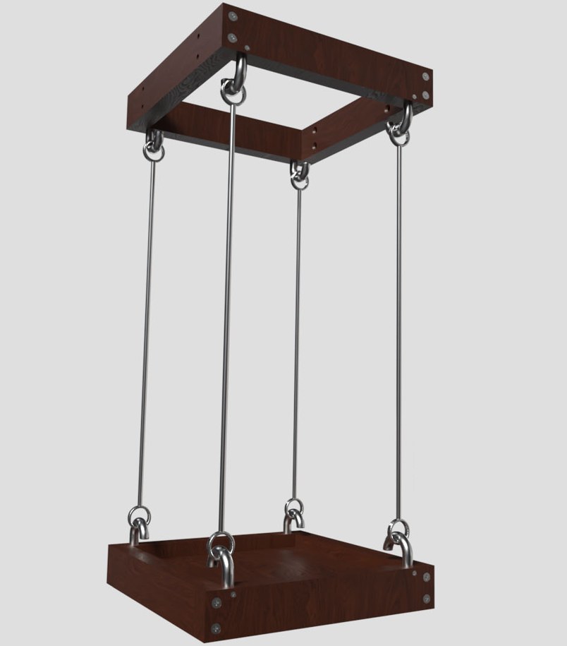 Render of a single module: a timber ring at the top, a timber tray at the bottom, joined by four steel rods