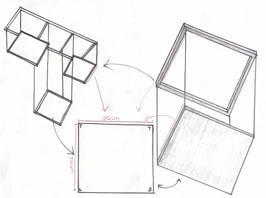 Sketch of the 30 cm tray and how it hangs from the frame