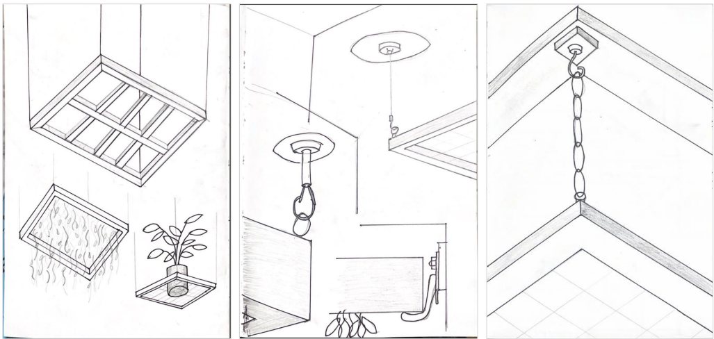 Sketches of the frame, trays and ceiling fixings