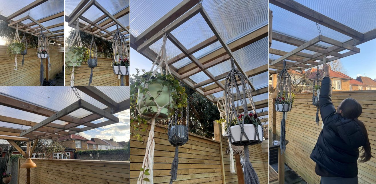 Full-scale prototype hung outdoors with planters, and the user testing it