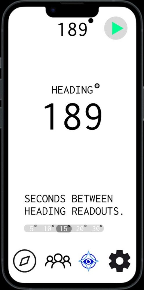 Compass screen: heading 189 in large type, with a choice of seconds between spoken heading readouts