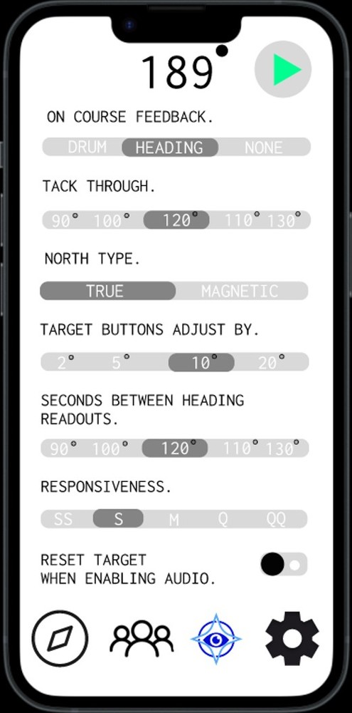 Settings screen: on-course feedback, tack-through angle, north type, button step size, readout interval and responsiveness