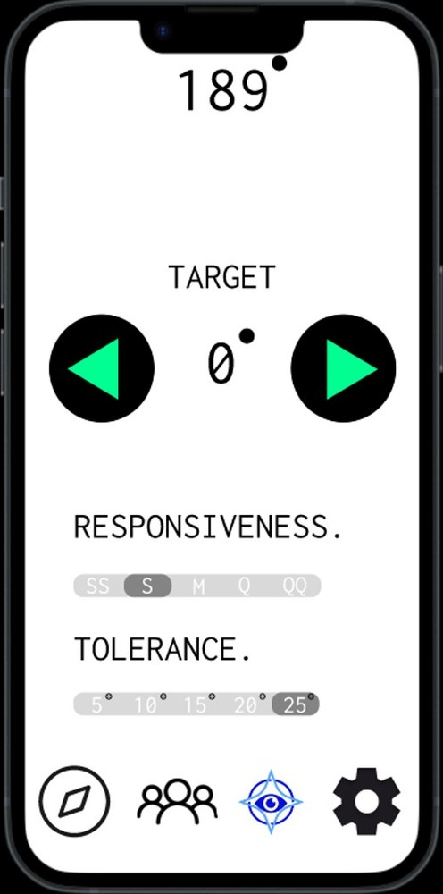 VisNav screen: current heading 189, target heading with large left and right buttons, responsiveness and tolerance settings